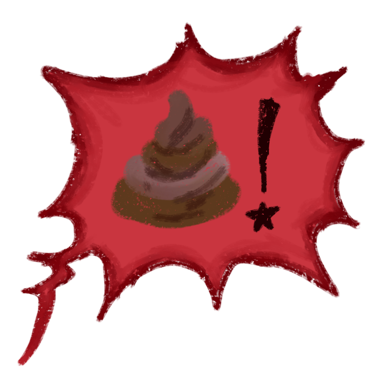 a red spiky speech bubble with a brown emoji-style poop inside it